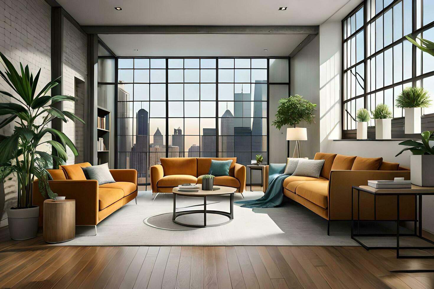 Modern living room interior design with orange sofa, coffee table and city view AI Generate photo