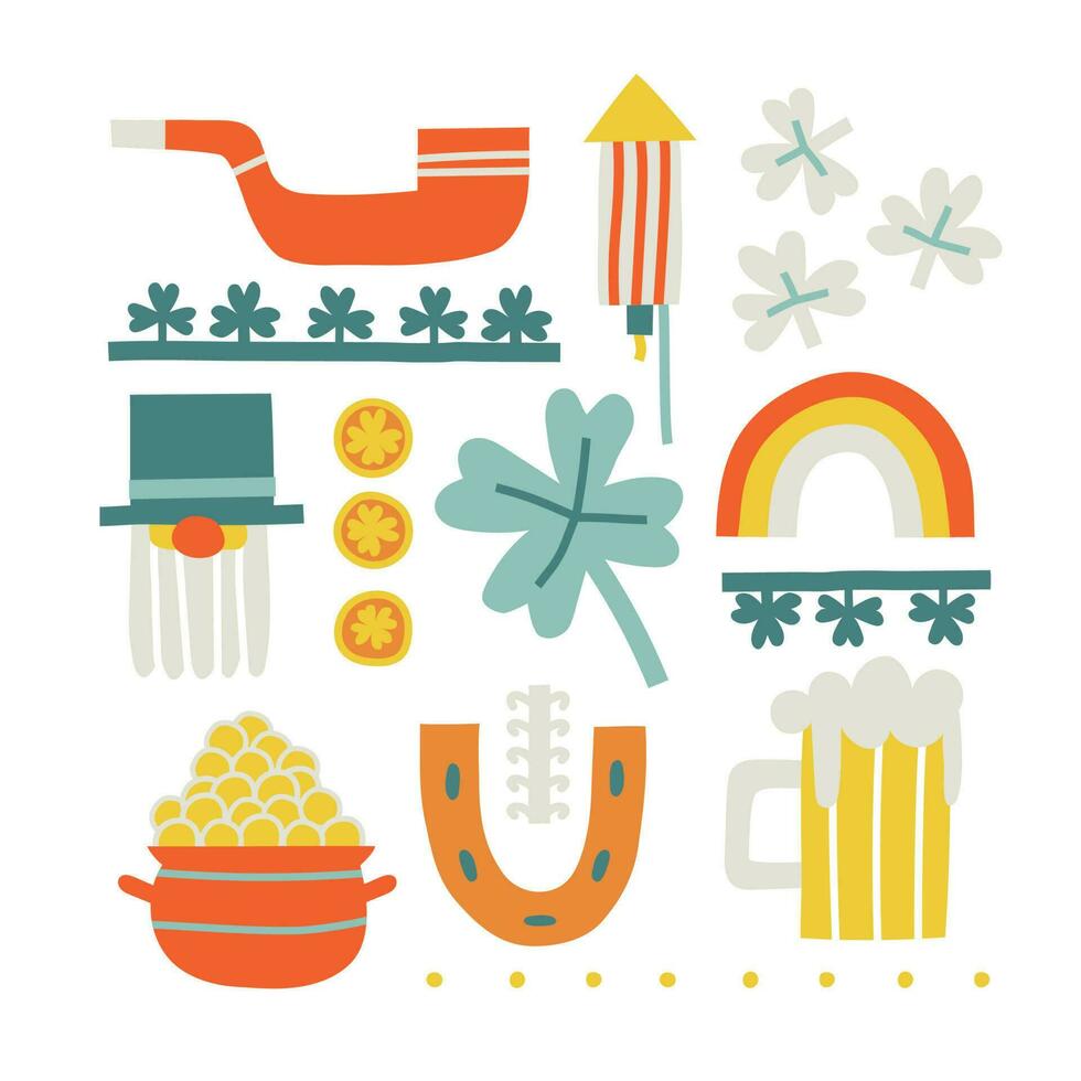 st patrick's day set with rainbow, clover leaves, pot of gold and other attributes in flat style. vector trend illustration.