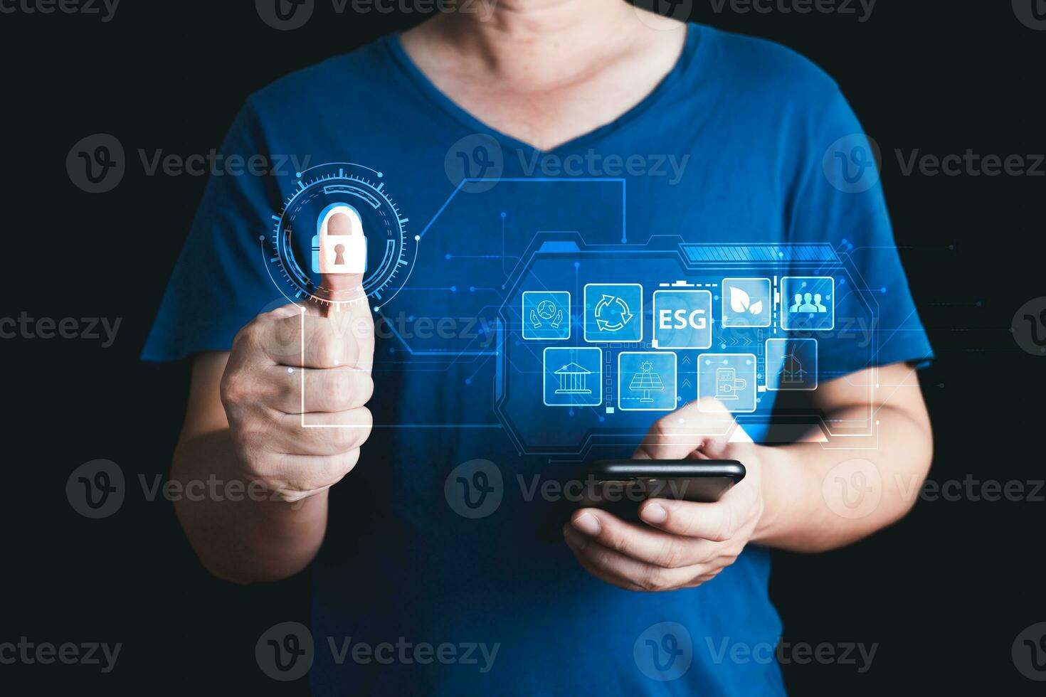 hand touch hologram to save energy,and reduce global warming,climate change,ecology friendly investment,ESG environment social governance,Green Business Innovation and Sustainable Development concept. photo