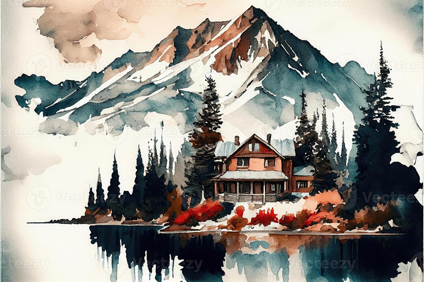 watercolor mountain view with a river and a house ai generation photo