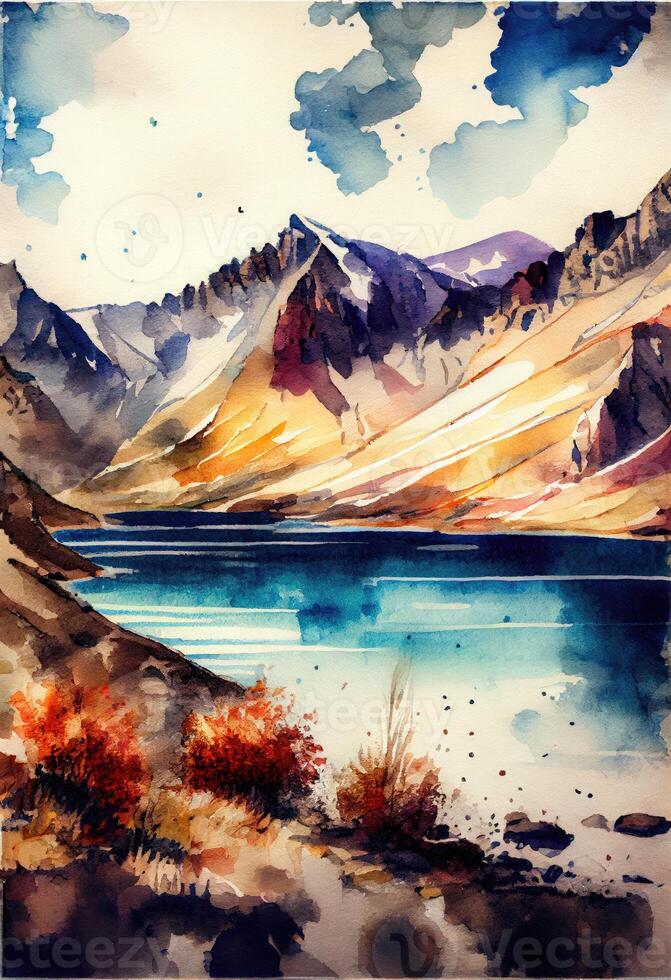 watercolor mountain view with a river and a house ai generation photo