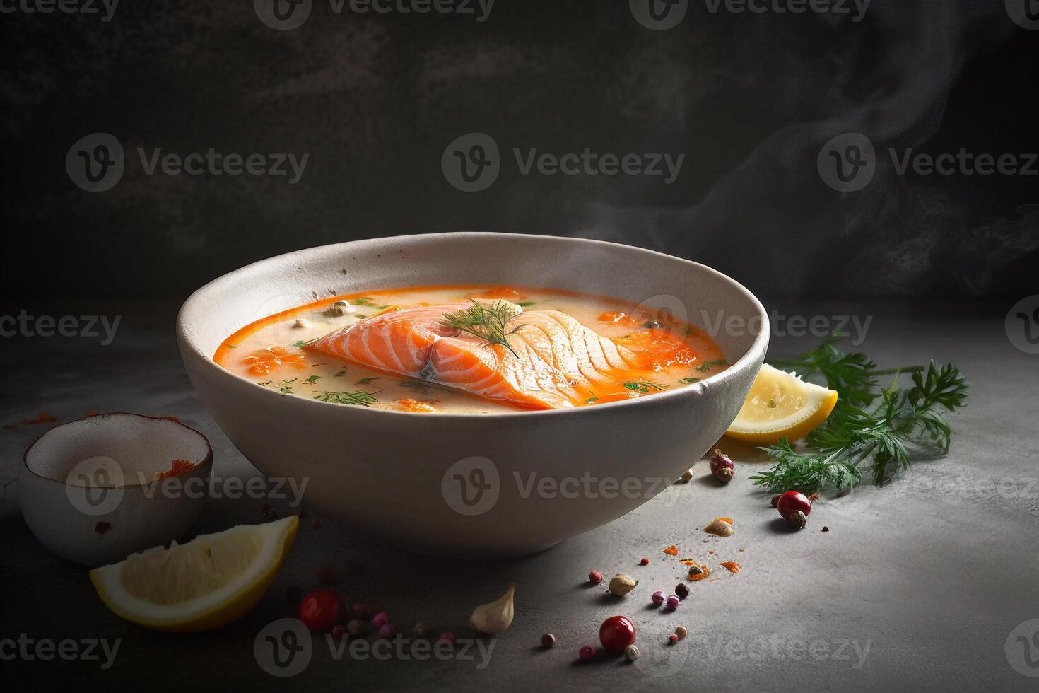 a bowl soup with salmon AI Generate photo