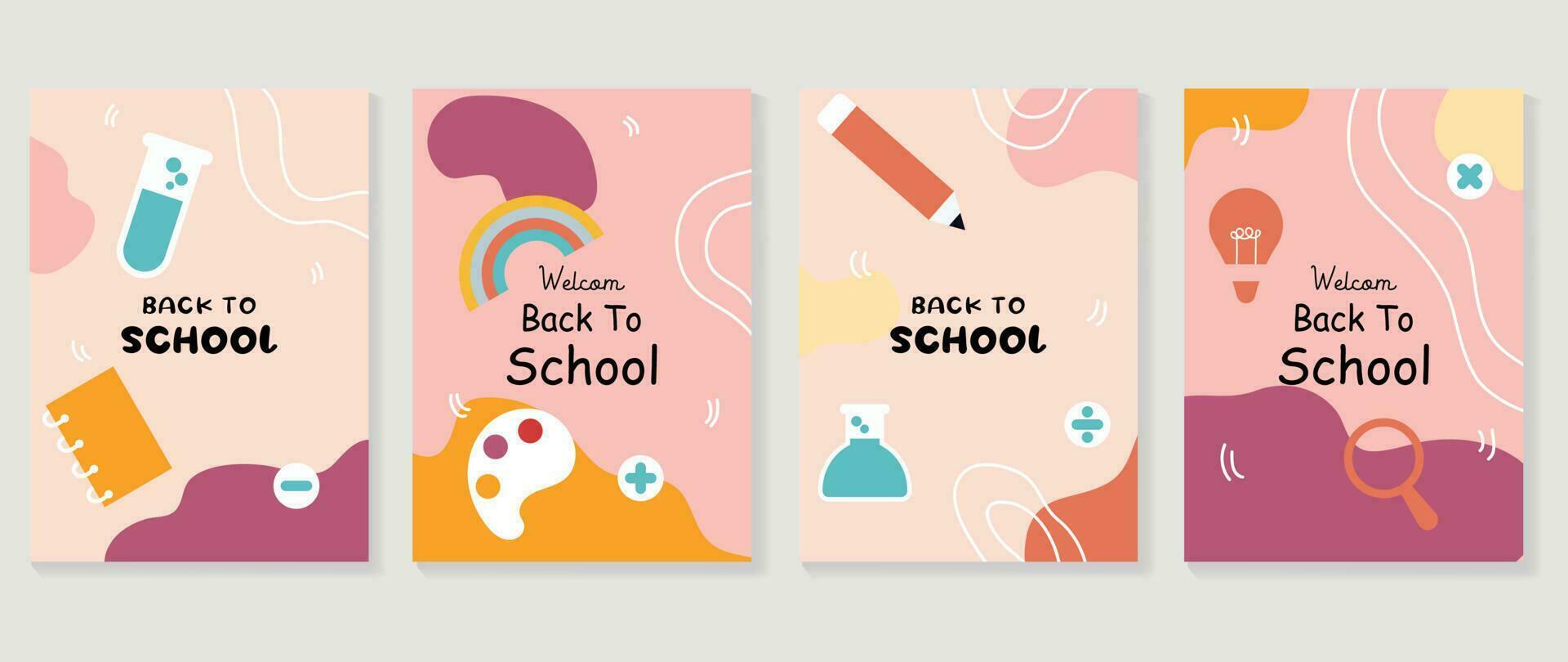 Welcome back to school cover background vector set. Cute childhood illustration with book, lab tube, color plate, pencil, mathematical symbols. Back to school collection for prints, education, banner.