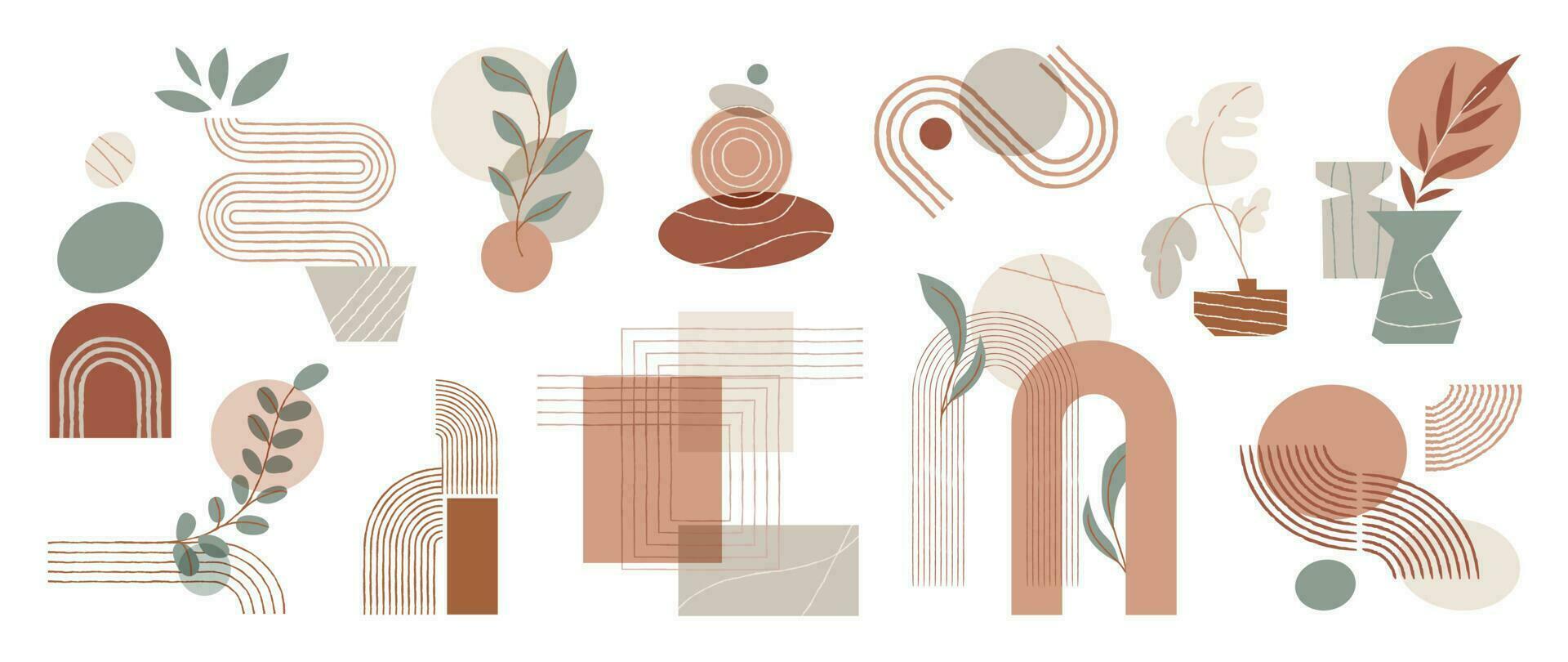 Hand drawn abstract minimal element mid century vector set. Aesthetic contemporary stripe line art, geometric shapes in earth tone. Art form design for wall art, decoration, wallpaper.