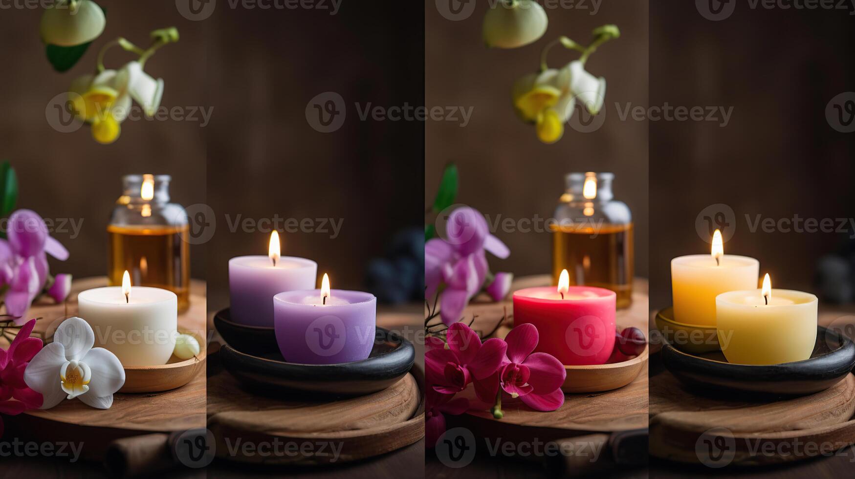 Composition of spa treatment on table colorful candle background, photo