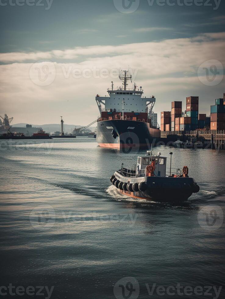 Tugboat push large cargo vessel to berth at port terminal. Port terminal operations and handling equipment, photo