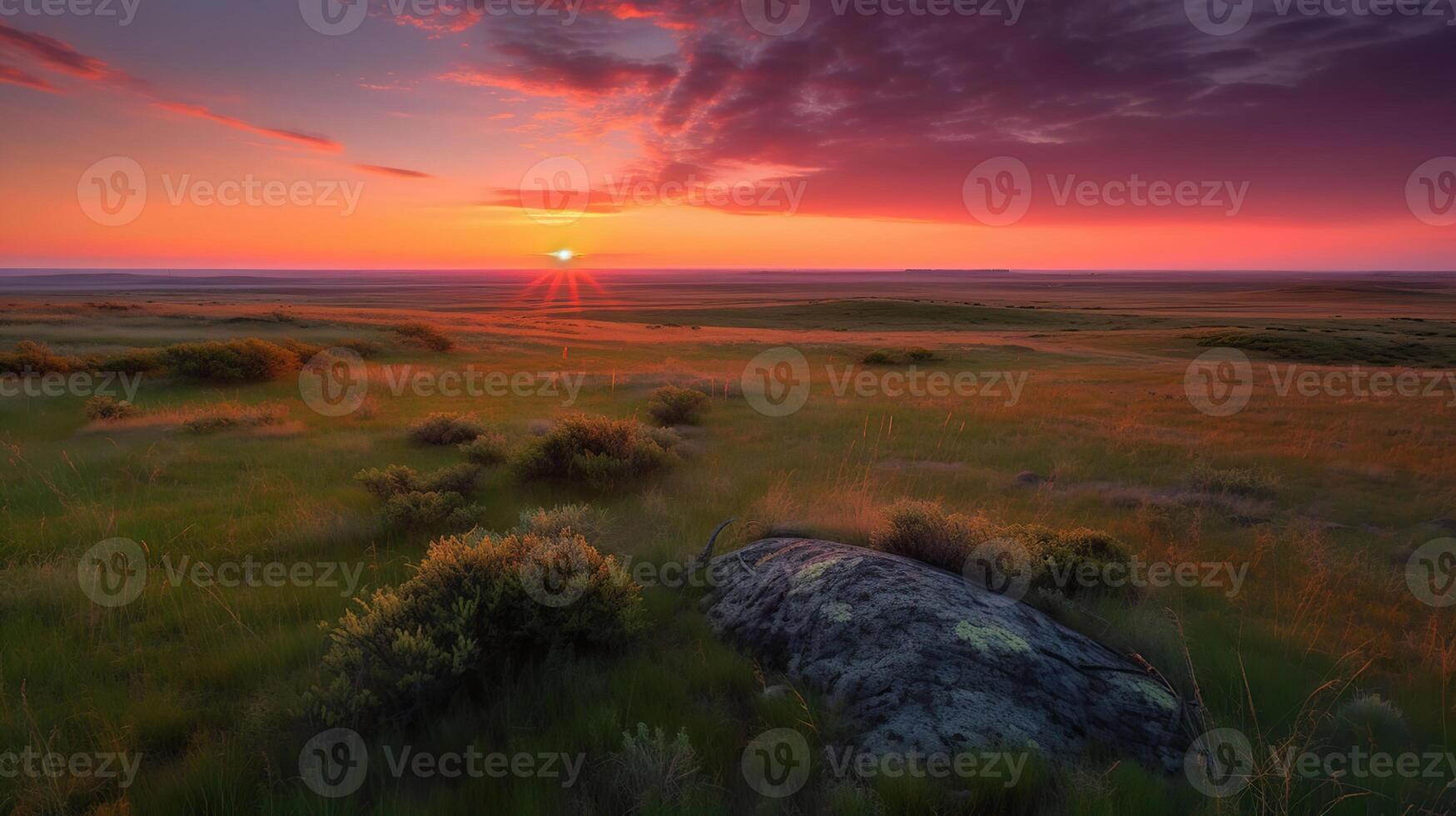 Sunset on the horizon over a vast landscape, grasslands national park, photo