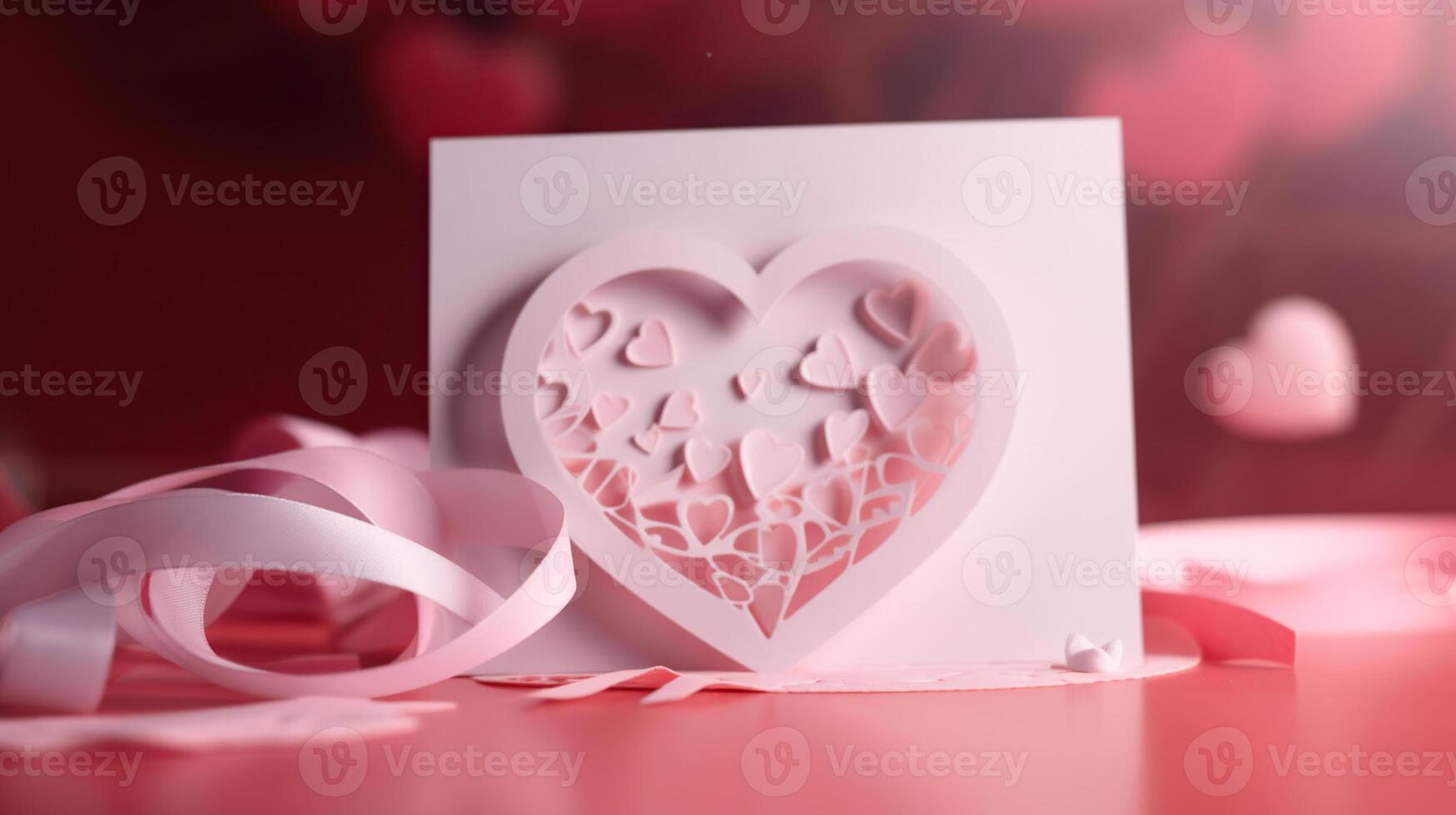 Happy Mother's Day or women's day. Valentine's day. White greeting card on a pink background with festive ribbons. Blurred focus. photo