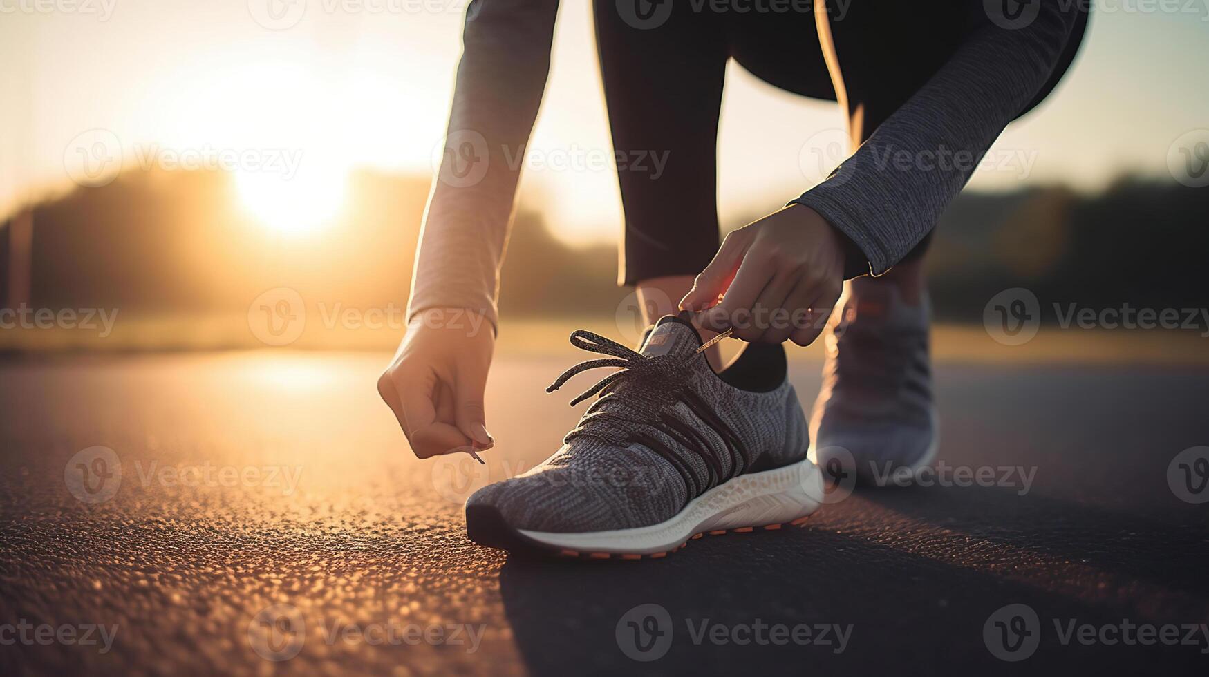 Runner Woman Tying Her Shoelaces While Jogging - Sport And Fitness At Sunset, photo