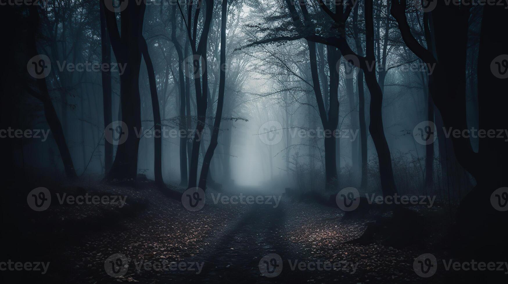 Fog In Spooky Forest At Moon Light On Asphalt - Abstract Bokeh And Filter Toned, photo