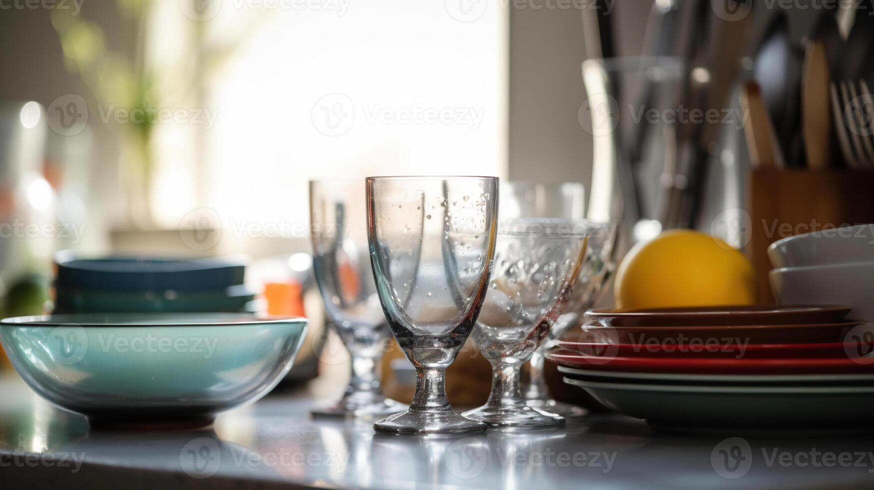 Different clean dishware, cutlery and glasses on countertop near sink in kitchen, photo