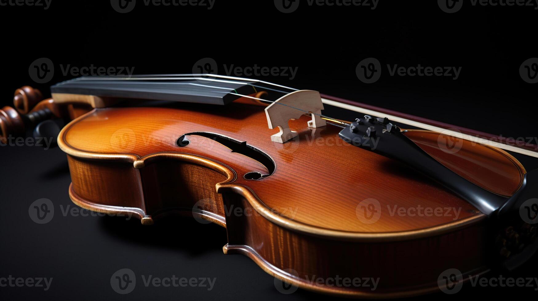 Classic violin and bow on black background, photo