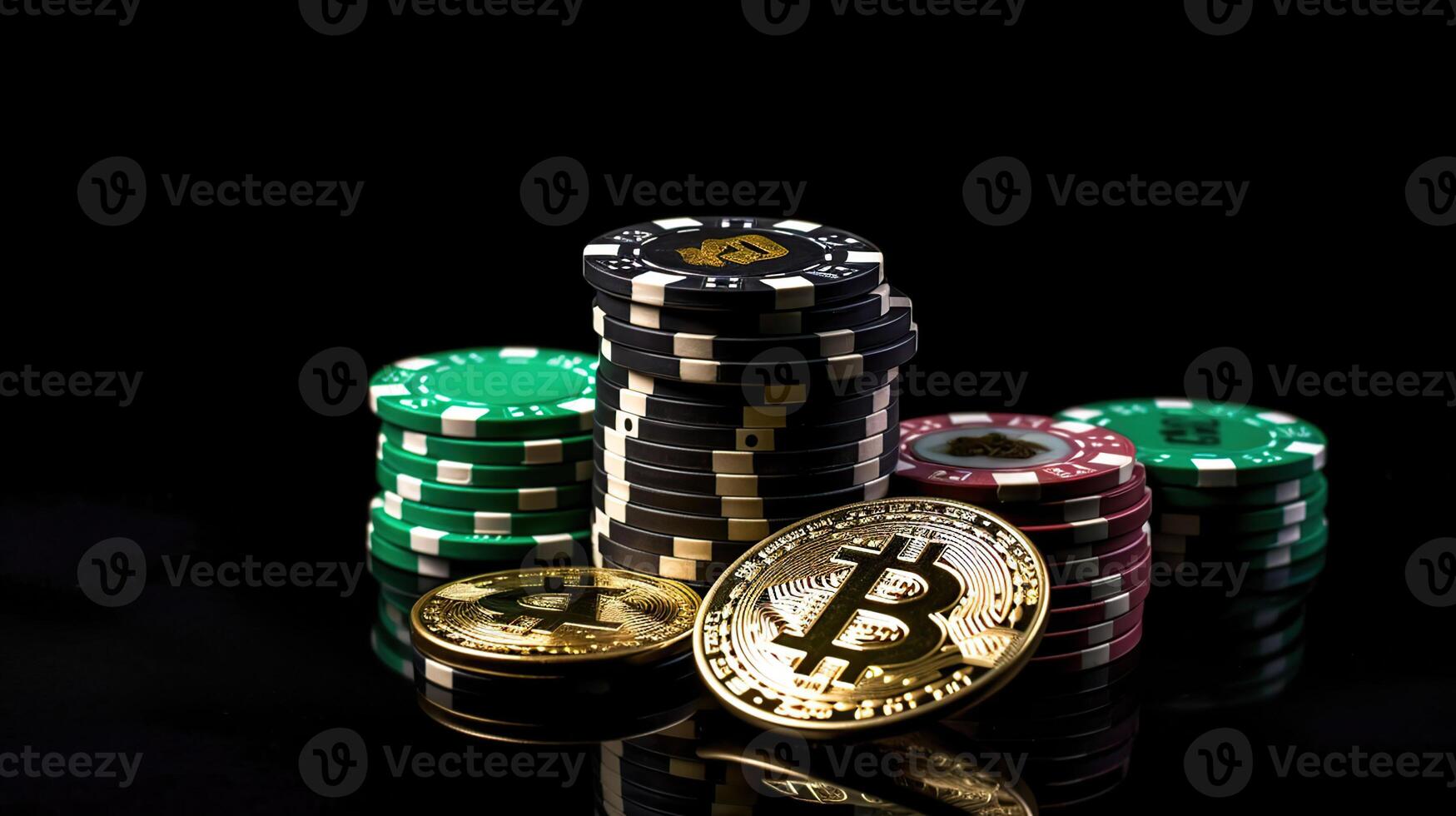 Bitcoin gold coin with poker chips on a green poker table against black background. Blockchain casino. Online gambling, photo