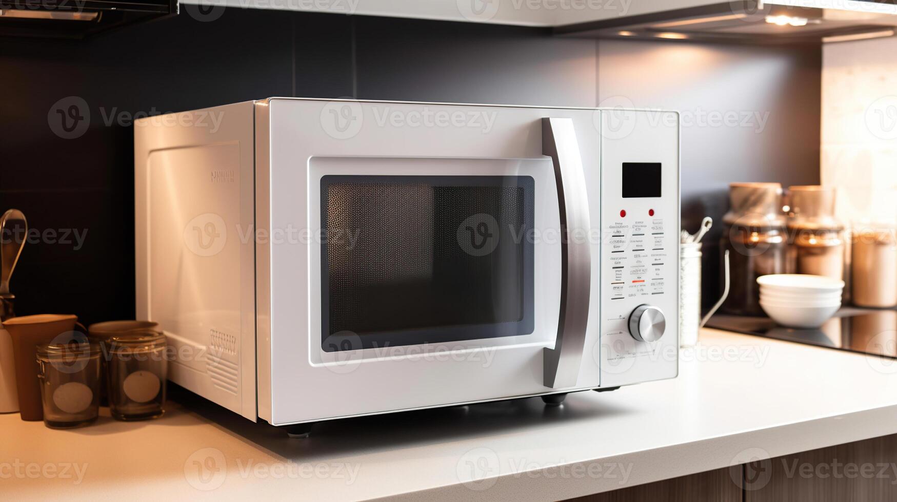 White microwave oven on counter in kitchen, photo