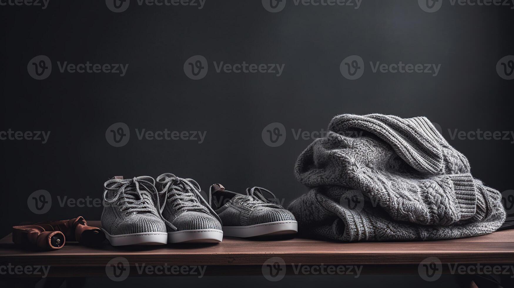 Table with stack of stylish sweaters and woman's shoes on grey background, photo