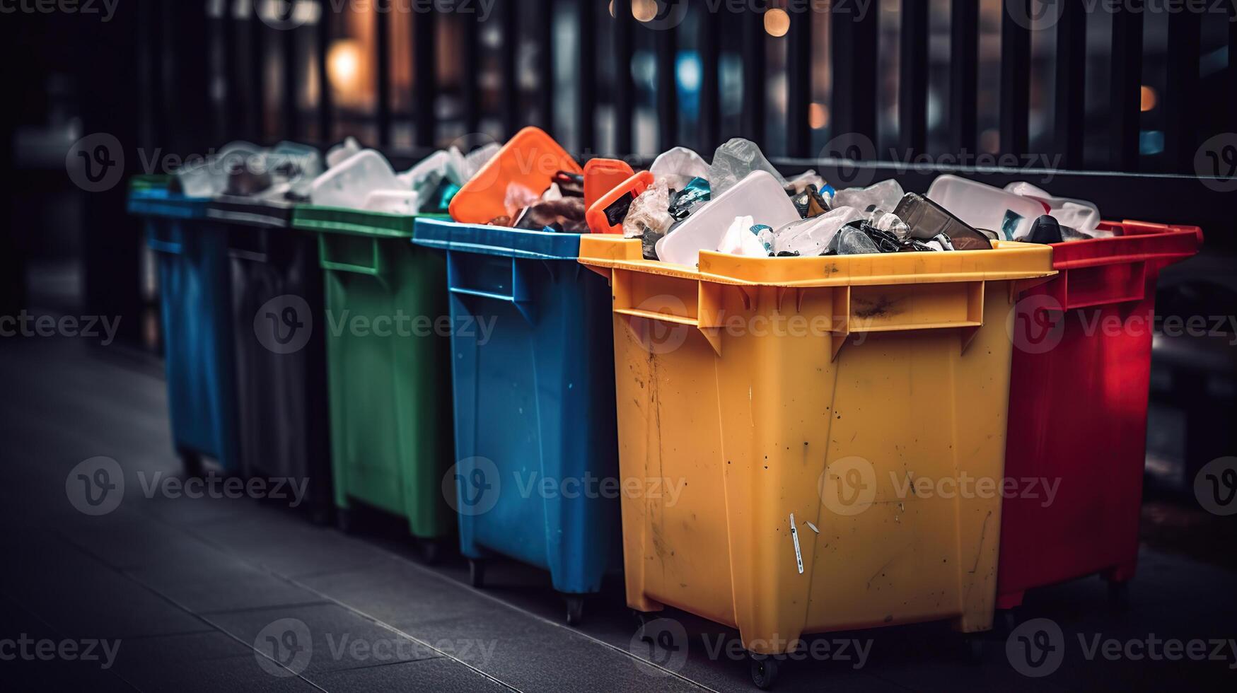 Recycling bin full of plastic waste, separate waste collection concept, photo