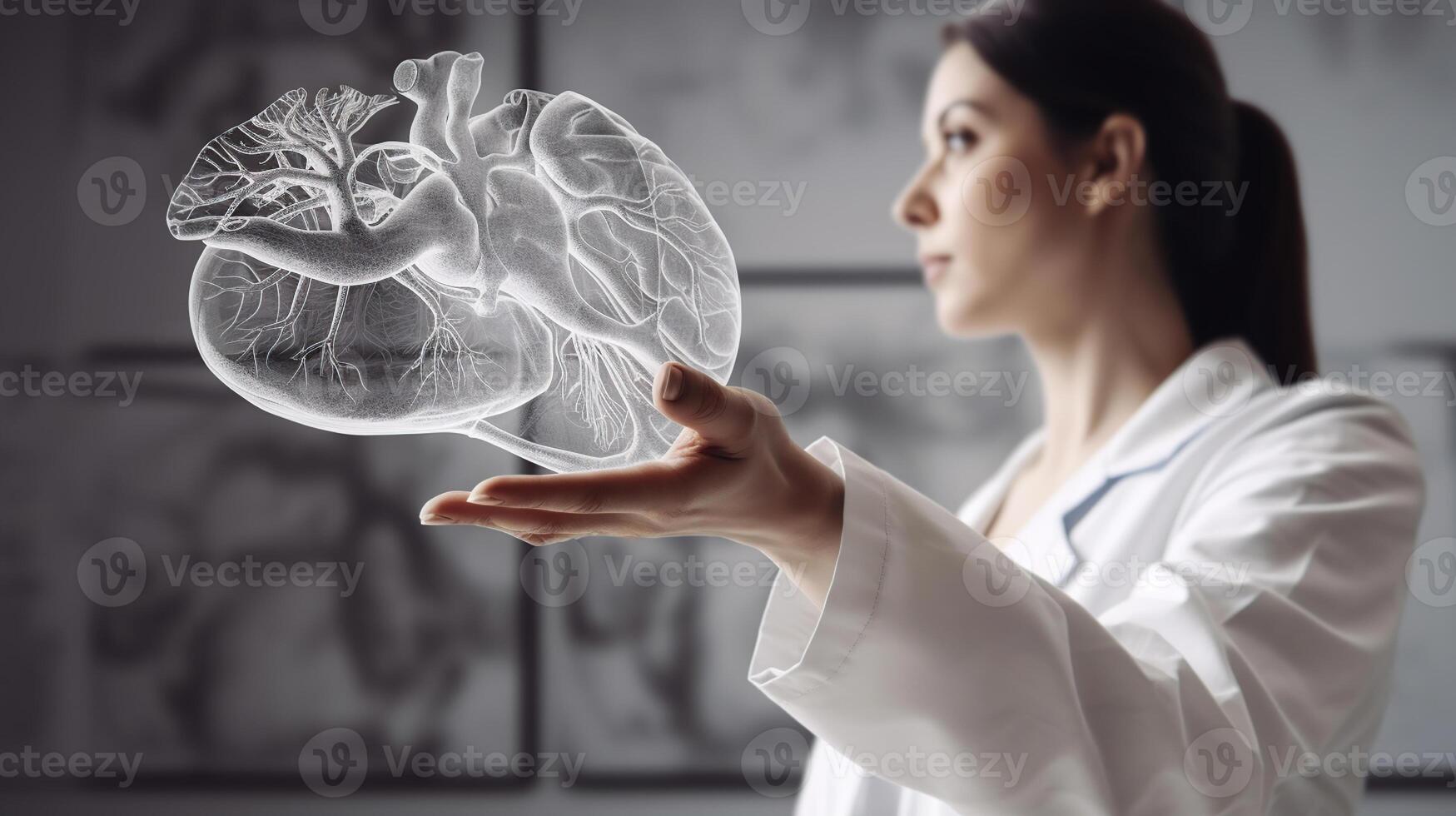 Female doctor holding virtual volumetric drawing of Heart in hand. Handrawn human organ. Healthcare hospital service concept, photo