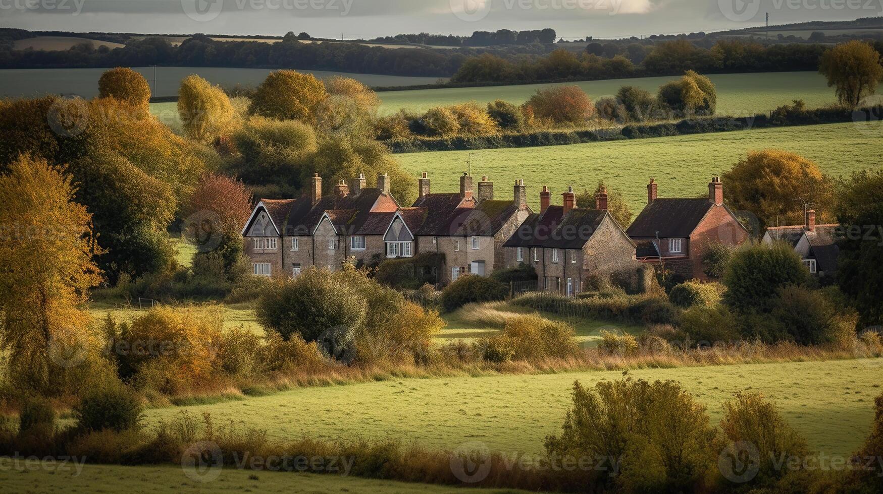 A typical view of rural housing surrounded by countryside in early autumn, photo