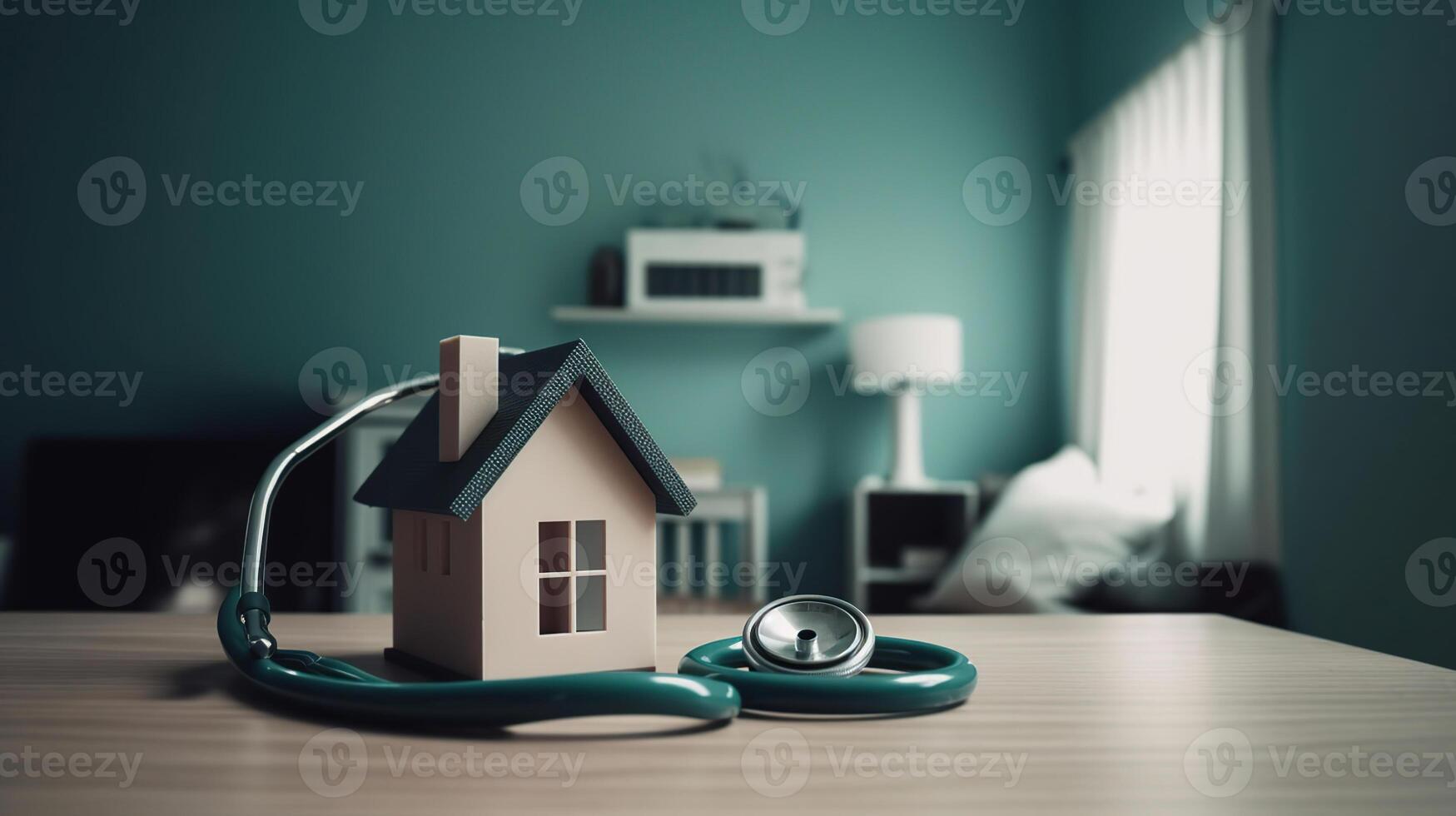 House check. miniature house and stethoscope, blue baground, photo