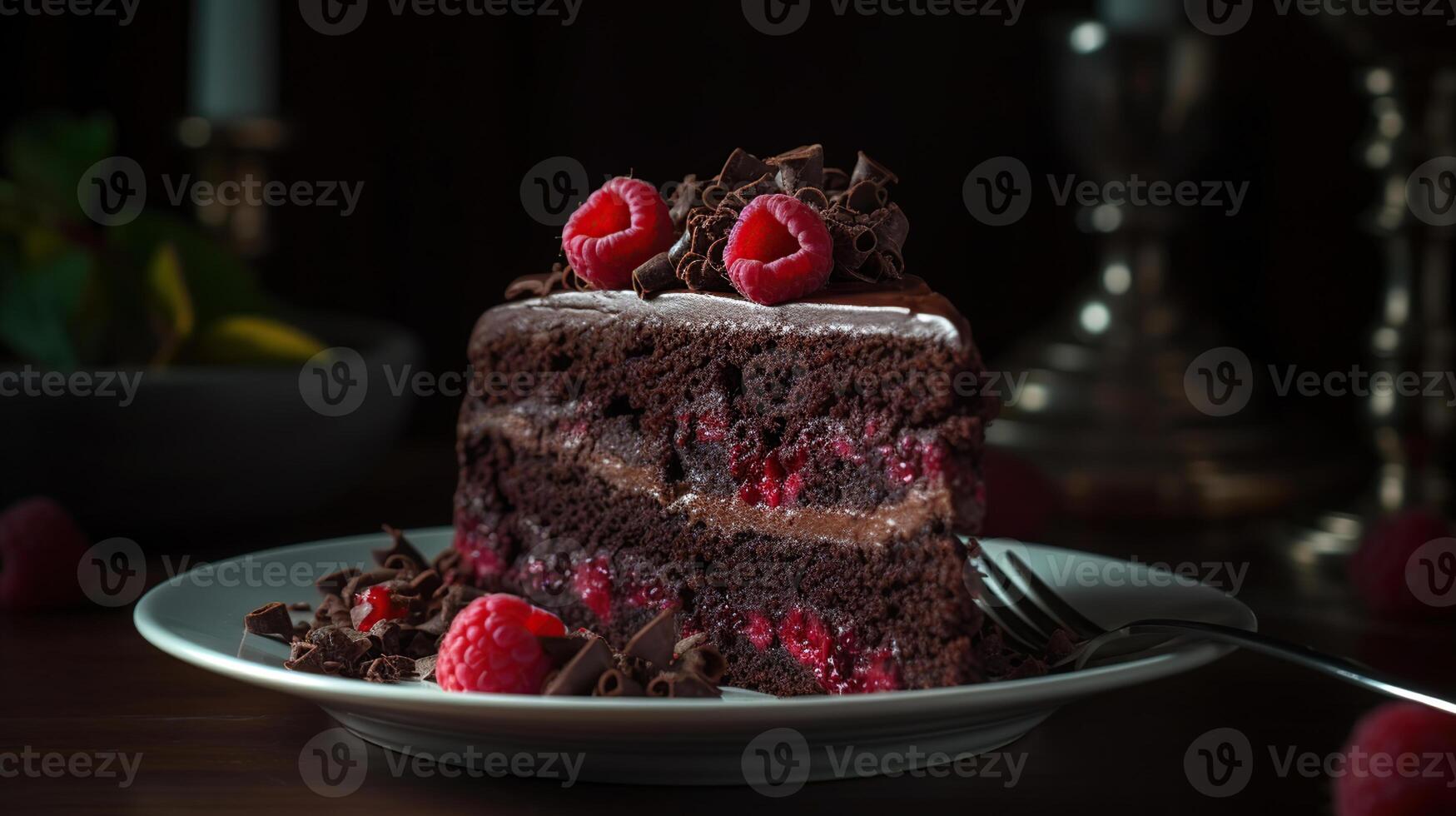 Chocolate cake with raspberry on plate. Slice of cake. Raspberry cake. Wedding dessert. Black forest cake. photo