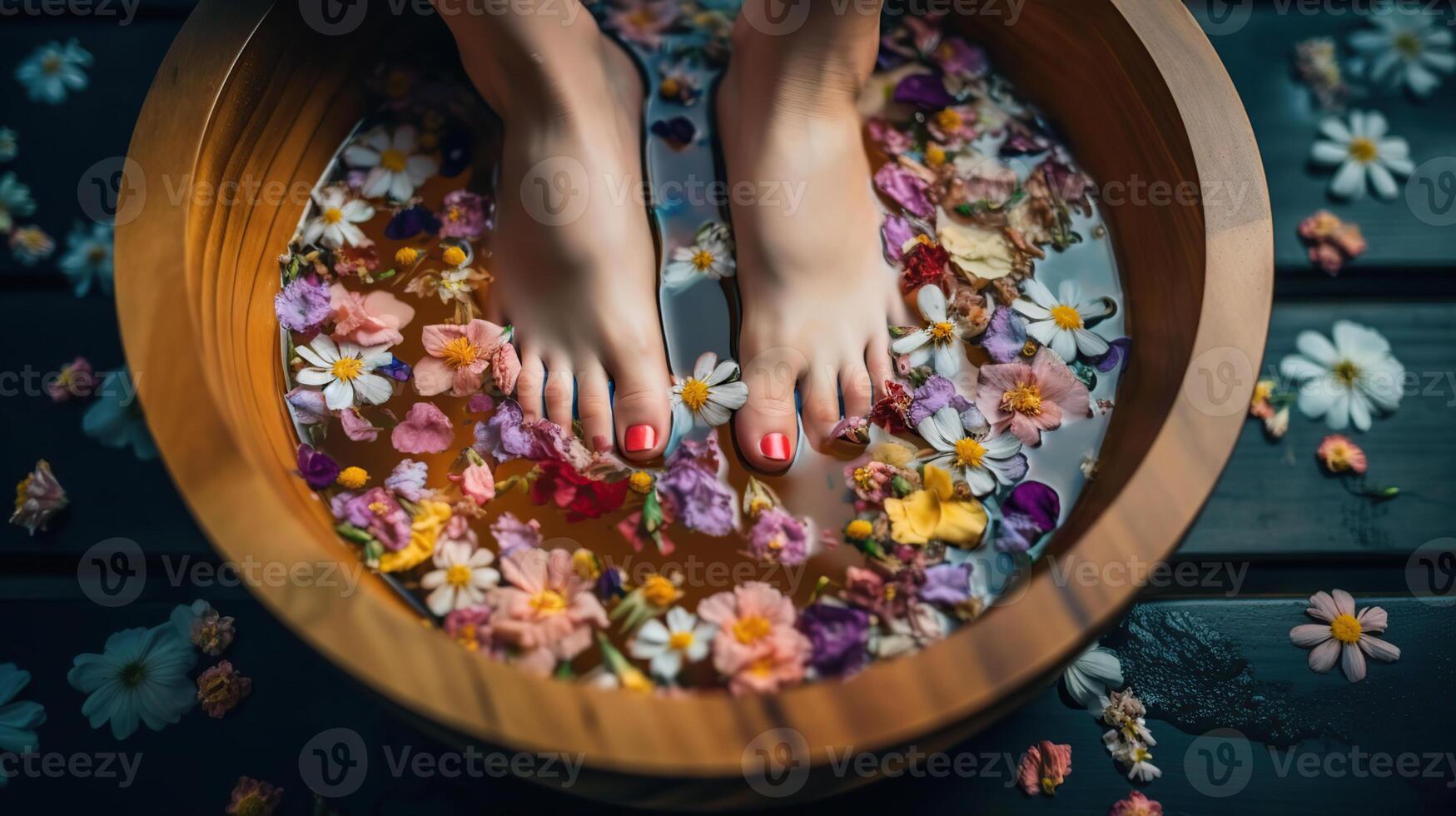 Manicured female feet in spa wooden bowl with flowers, photo