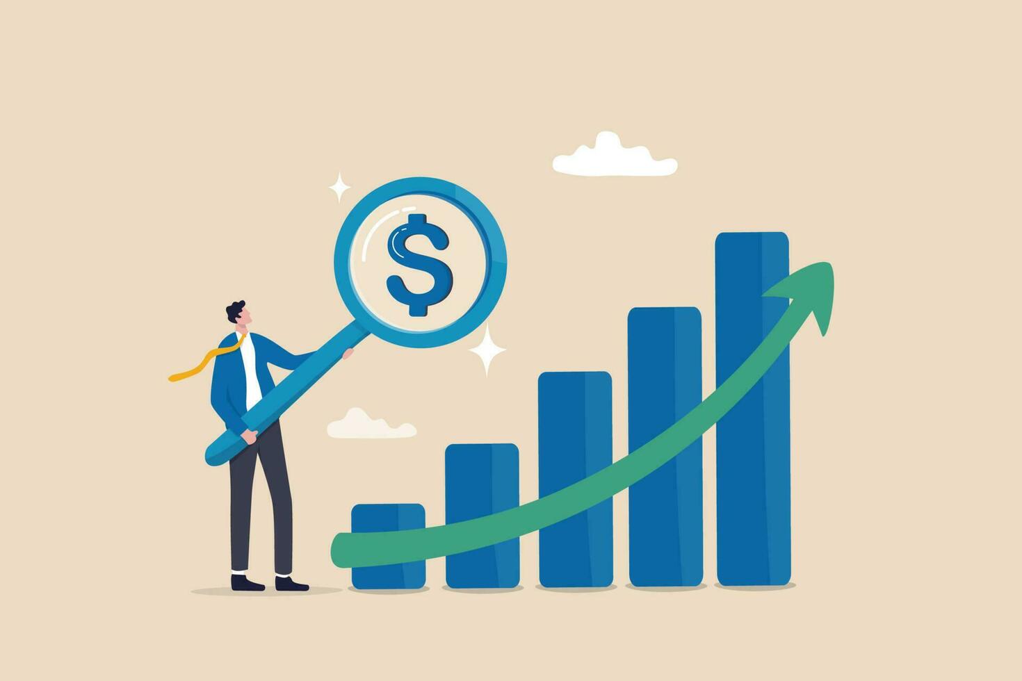 Revenue or salary increase, growth investment profit or earning from stock market, money or wages growing concept, businessman with magnifying glass on dollar money sign with growth graph and chart. vector