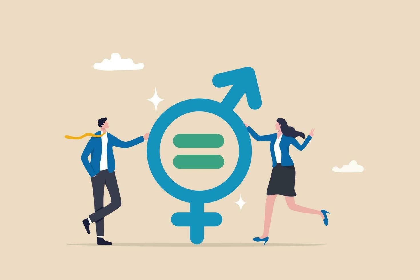 género igualdad, hombre y mujer igual, equilibrar y diversidad en lugar de trabajo, hembra y masculino empleado teniendo igual oportunidad concepto, empresario y mujer participación género igualdad simbólico. vector