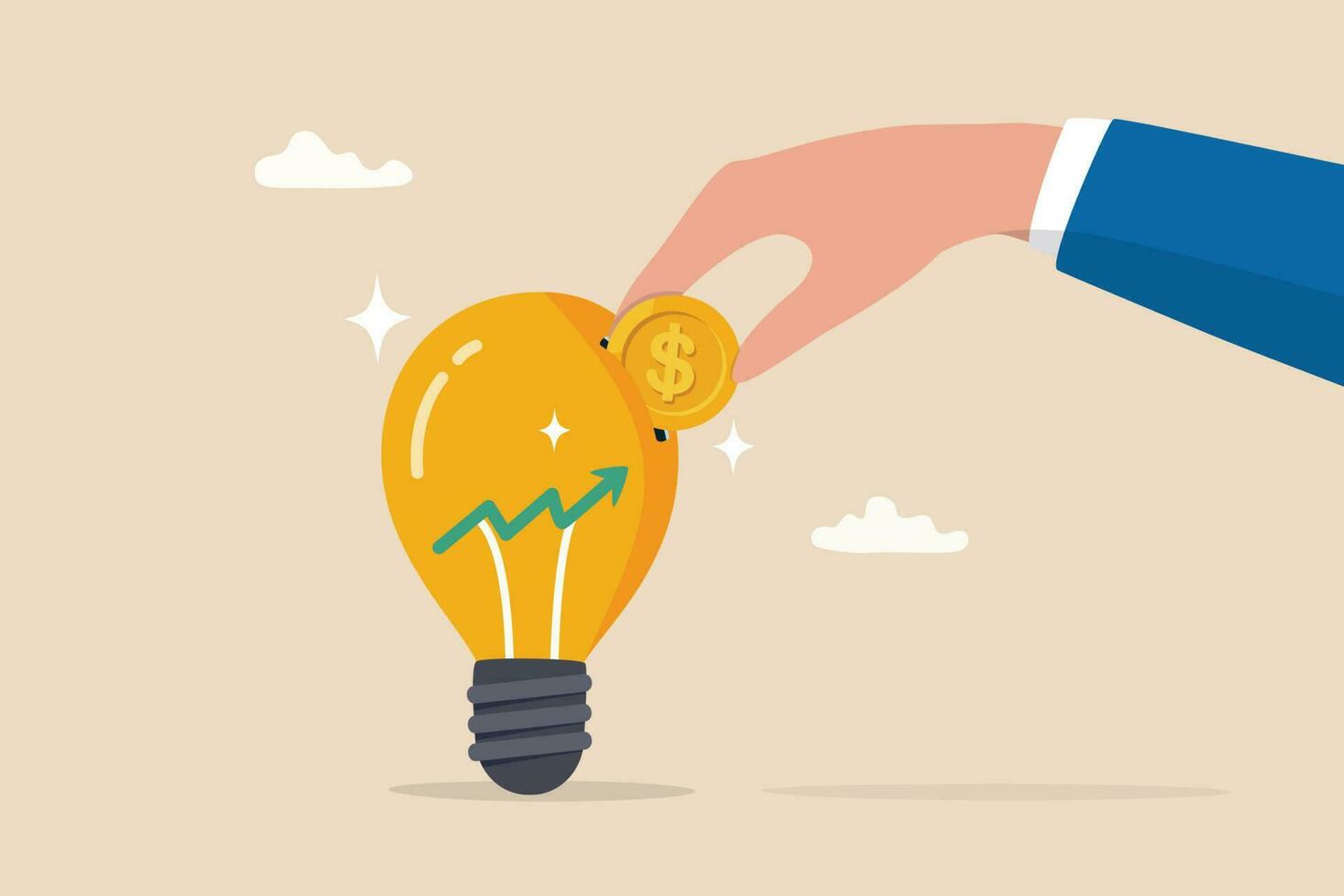 Invest in growth stock, mutual fund or growing money, savings, pension fund or increase return from stock market, economy or rising interest rate, businessman hand put coin in growth graph lightbulb. vector