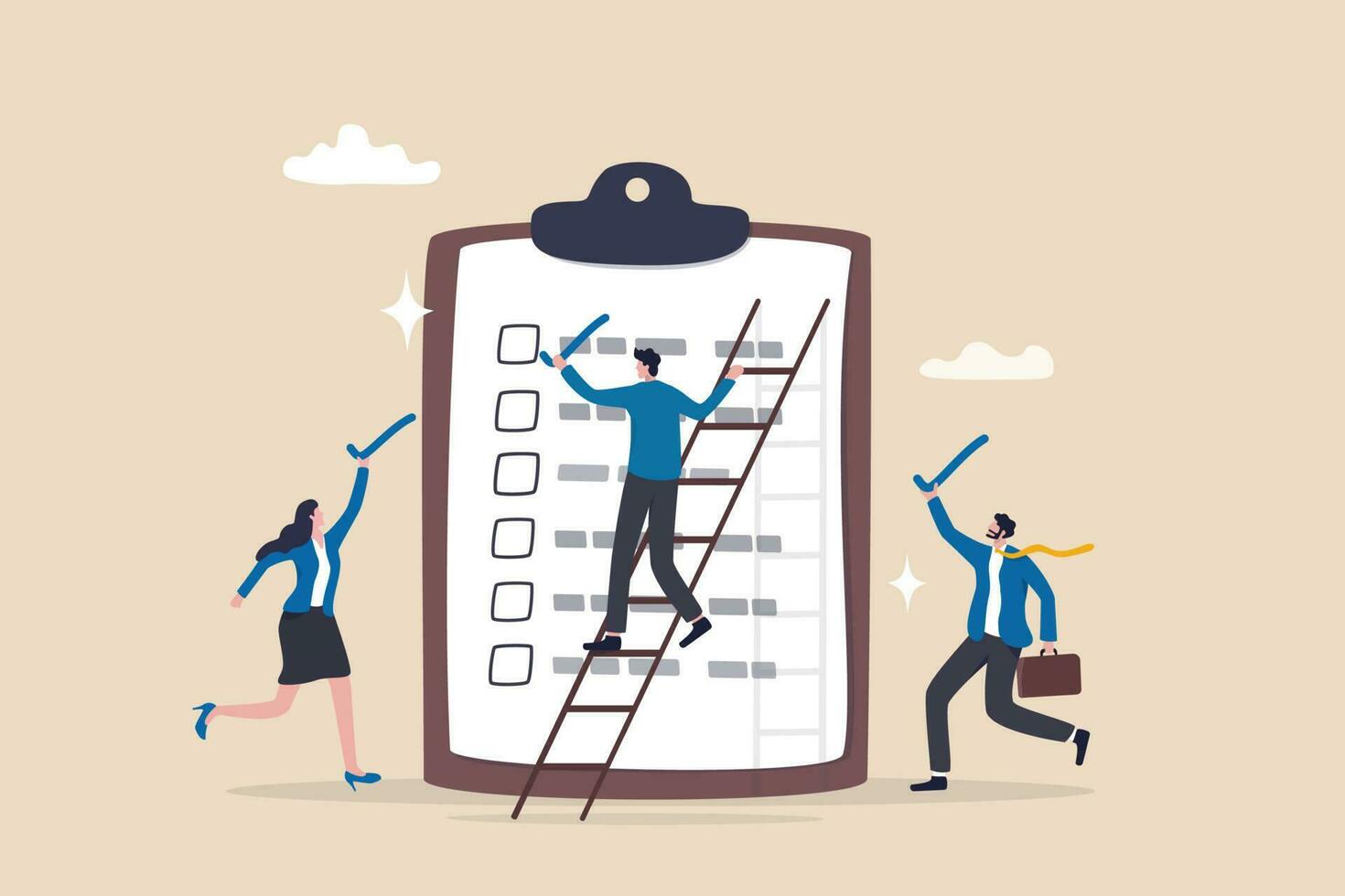 Finishing todo list, work checklist or accomplishment, project management, teamwork to get work done, complete plan concept, businessman coworkers help put checkmark on checkbox task list clipboard. vector