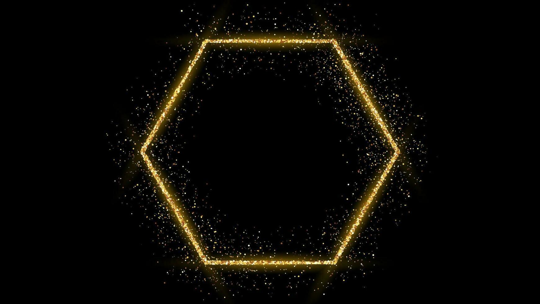 Golden hexagon frame with glitter, sparkles and flares on dark background. Empty luxury backdrop. Vector illustration.