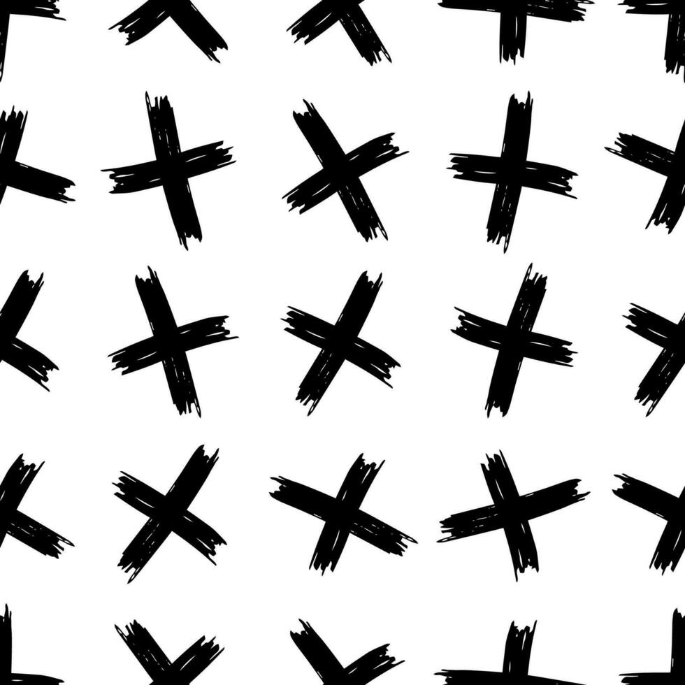 Seamless pattern with hand drawn cross symbols. Black sketch cross symbol on white background. Vector illustration