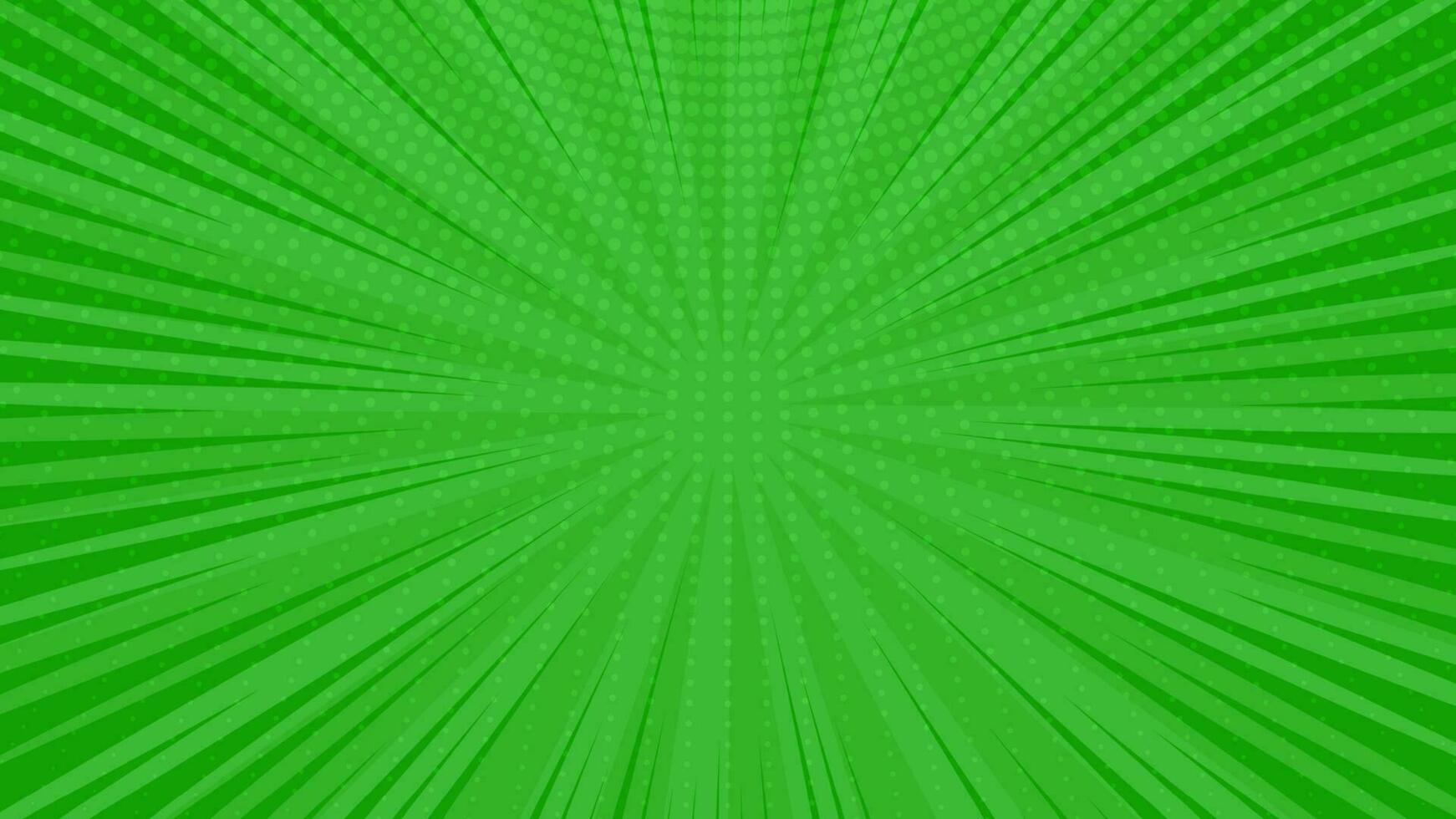 Green comic book page background in pop art style with empty space. Template with rays, dots and halftone effect texture. Vector illustration
