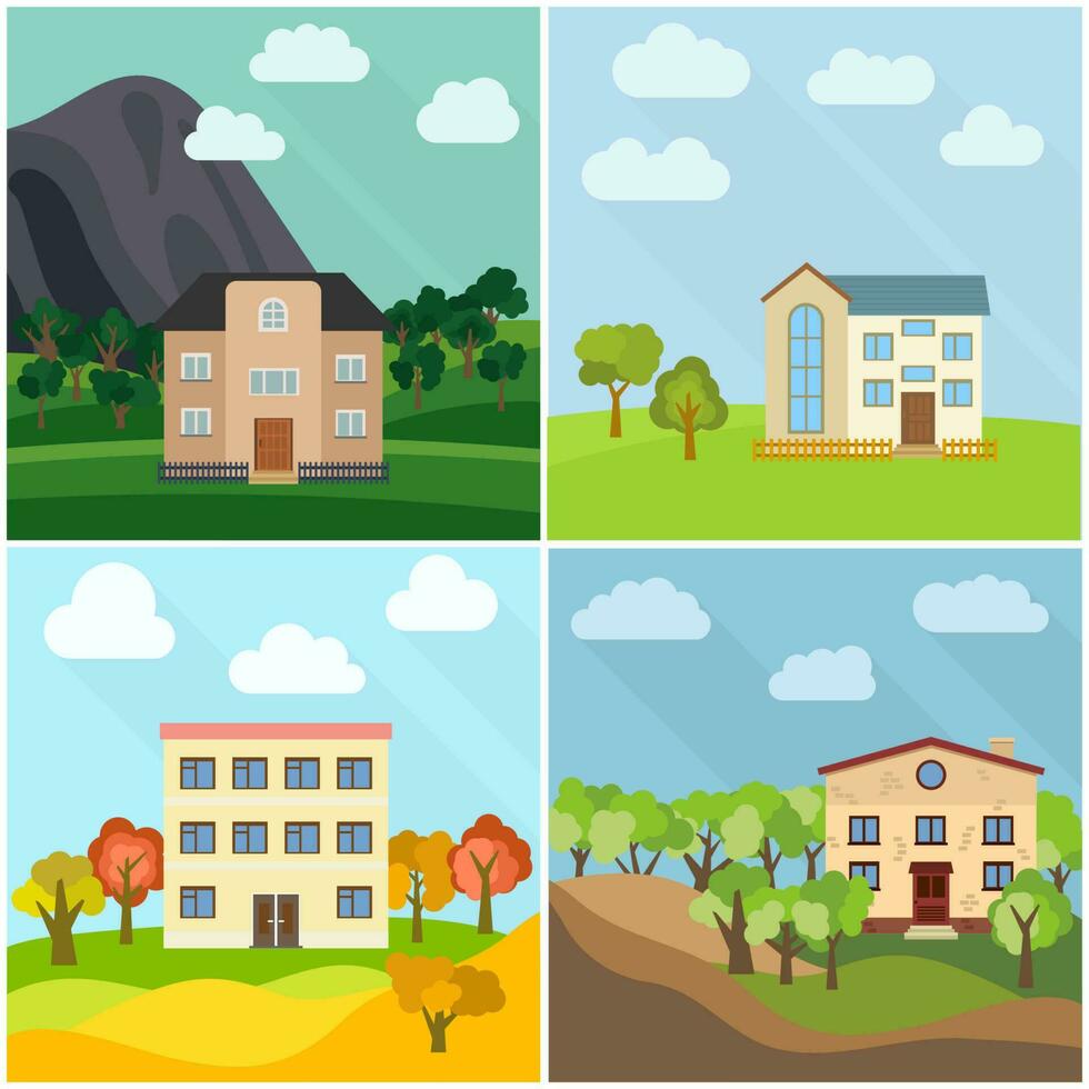 conjunto de cuatro solitario casas en el naturaleza. vector ilustración.