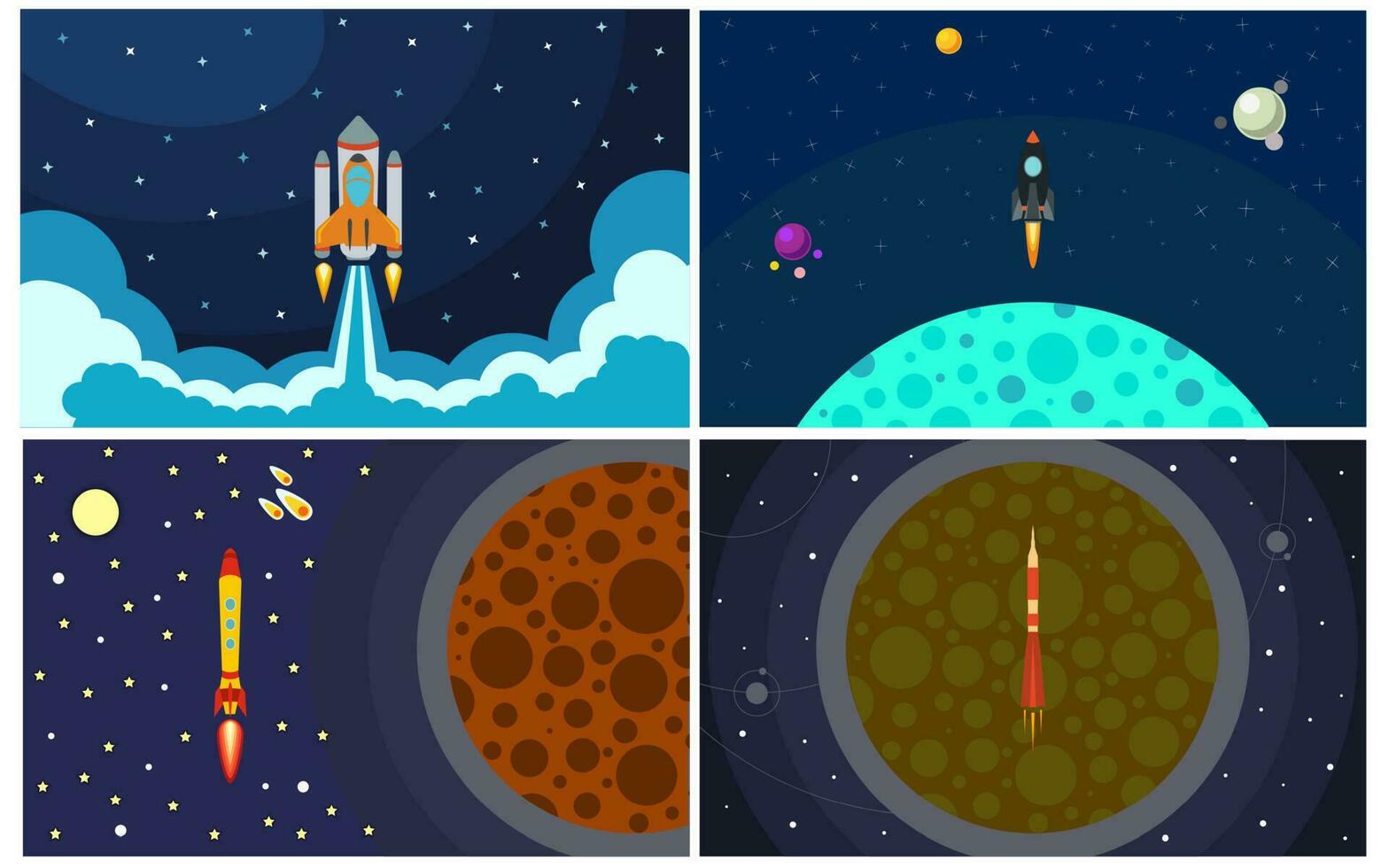 Set of four vector illustration with flying rocket. Space travel.