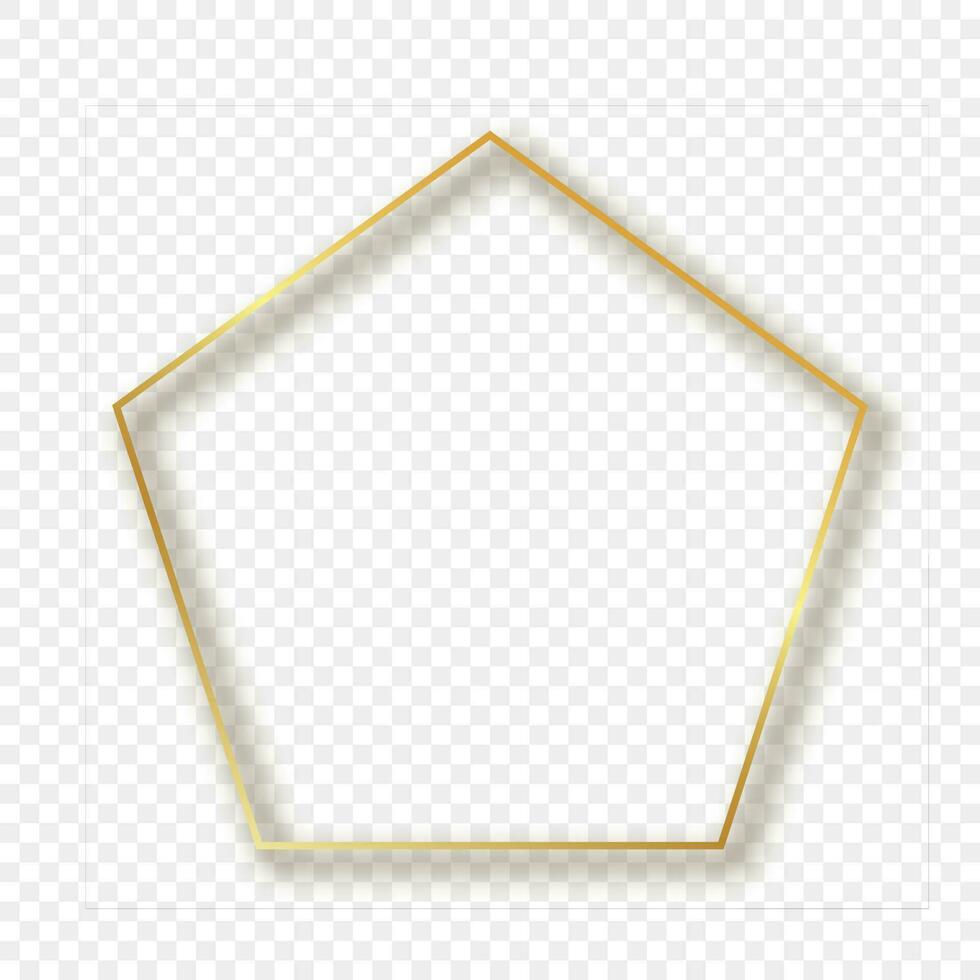 Gold glowing pentagon shape frame with shadow isolated on background. Shiny frame with glowing effects. Vector illustration.