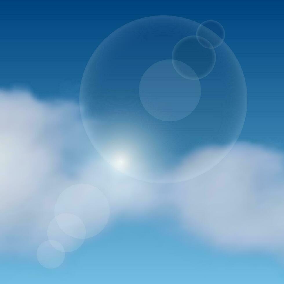 Natural background with clouds and sun on blue sky. Realistic cloud on blue backdrop. Vector illustration