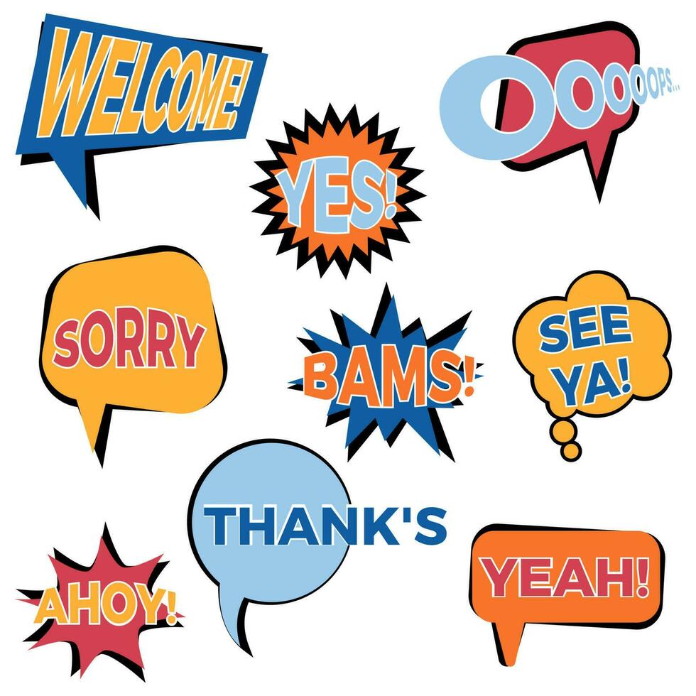 Set of nine cartoon comic balloon speech bubbles in flat style. Elements of design comic books with different phrases. Vector illustration
