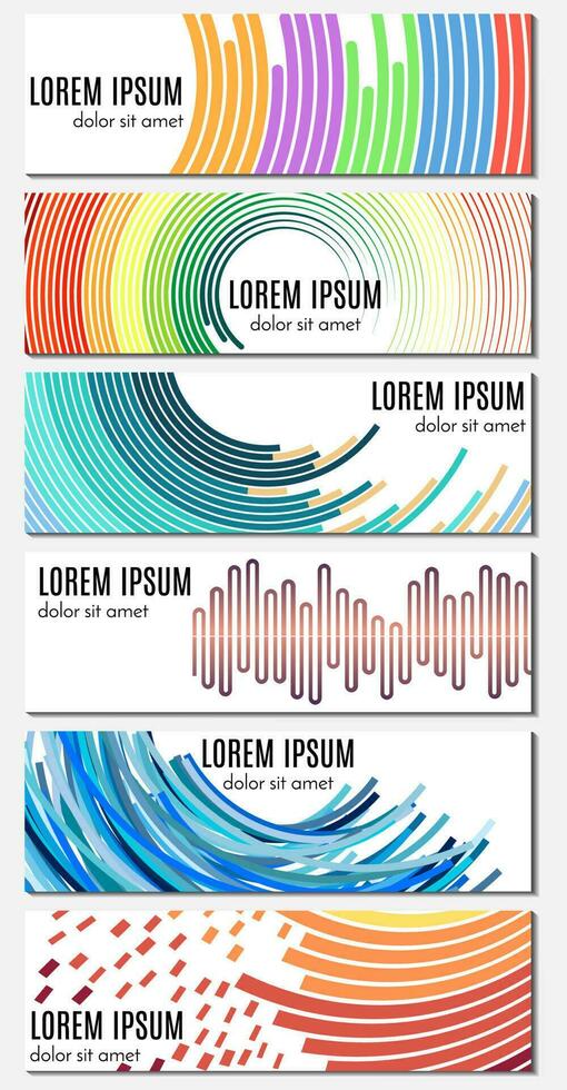 Set of six colorful abstract header banners with curved lines and place for text. Vector backgrounds for web design.