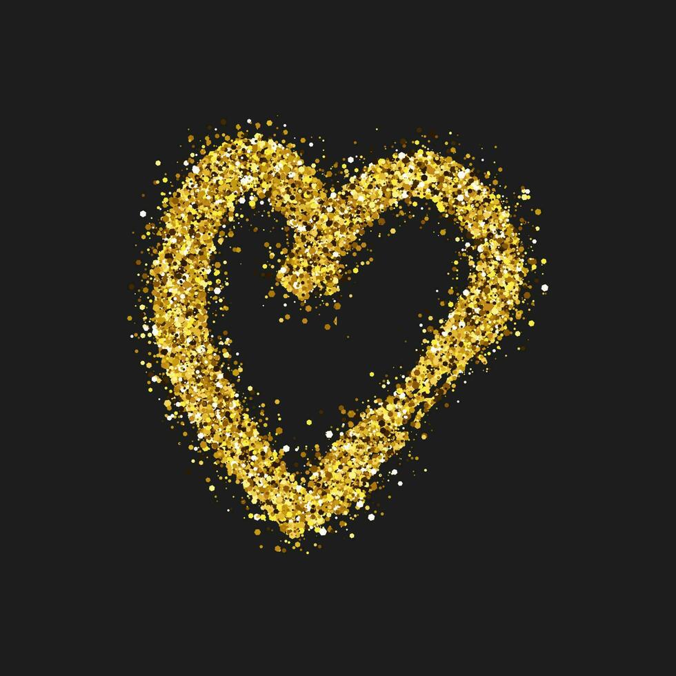 Gold glitter doodle heart on dark background. Gold grunge hand drawn heart. Romantic love symbol. Vector illustration.
