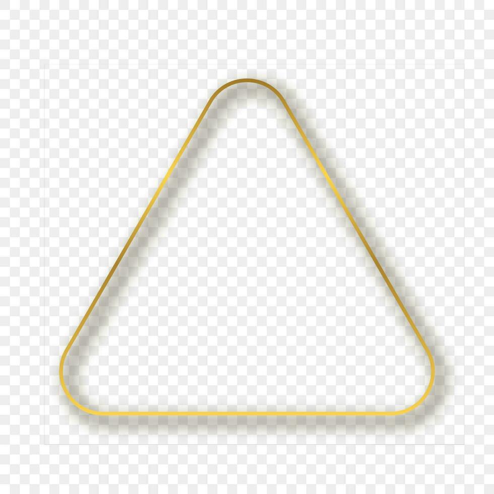 Gold glowing rounded triangle frame with shadow isolated on background. Shiny frame with glowing effects. Vector illustration.