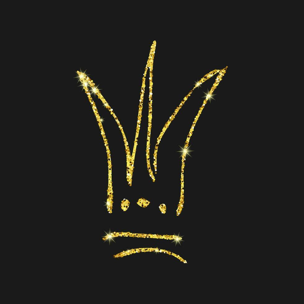 Gold glitter hand drawn crown. Simple graffiti sketch queen or king crown. Royal imperial coronation and monarch symbol isolated on dark background. Vector illustration.