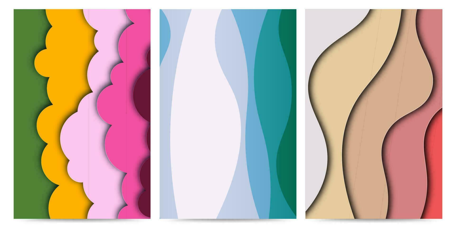 Set of three abstract Background with Paper Cut shapes stories banner design. Vector illustration.
