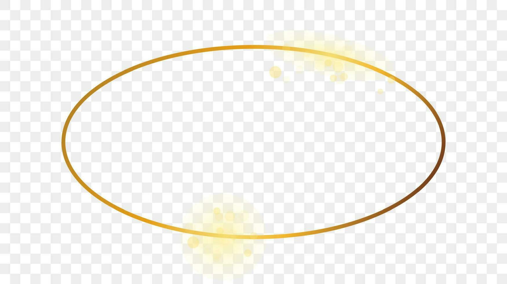 Gold glowing oval shape frame isolated on background. Shiny frame with glowing effects. Vector illustration.