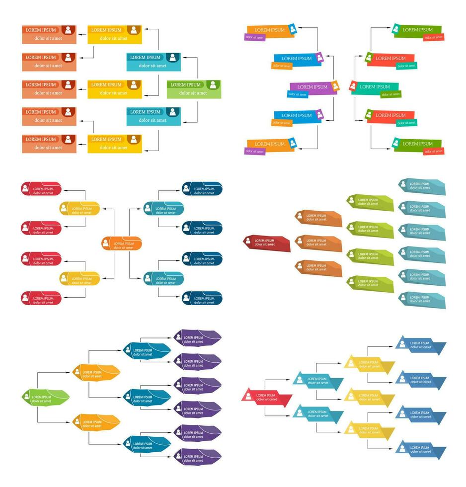 Set of six colorful business structure concept, corporate organization chart scheme with people icons. Vector illustration.