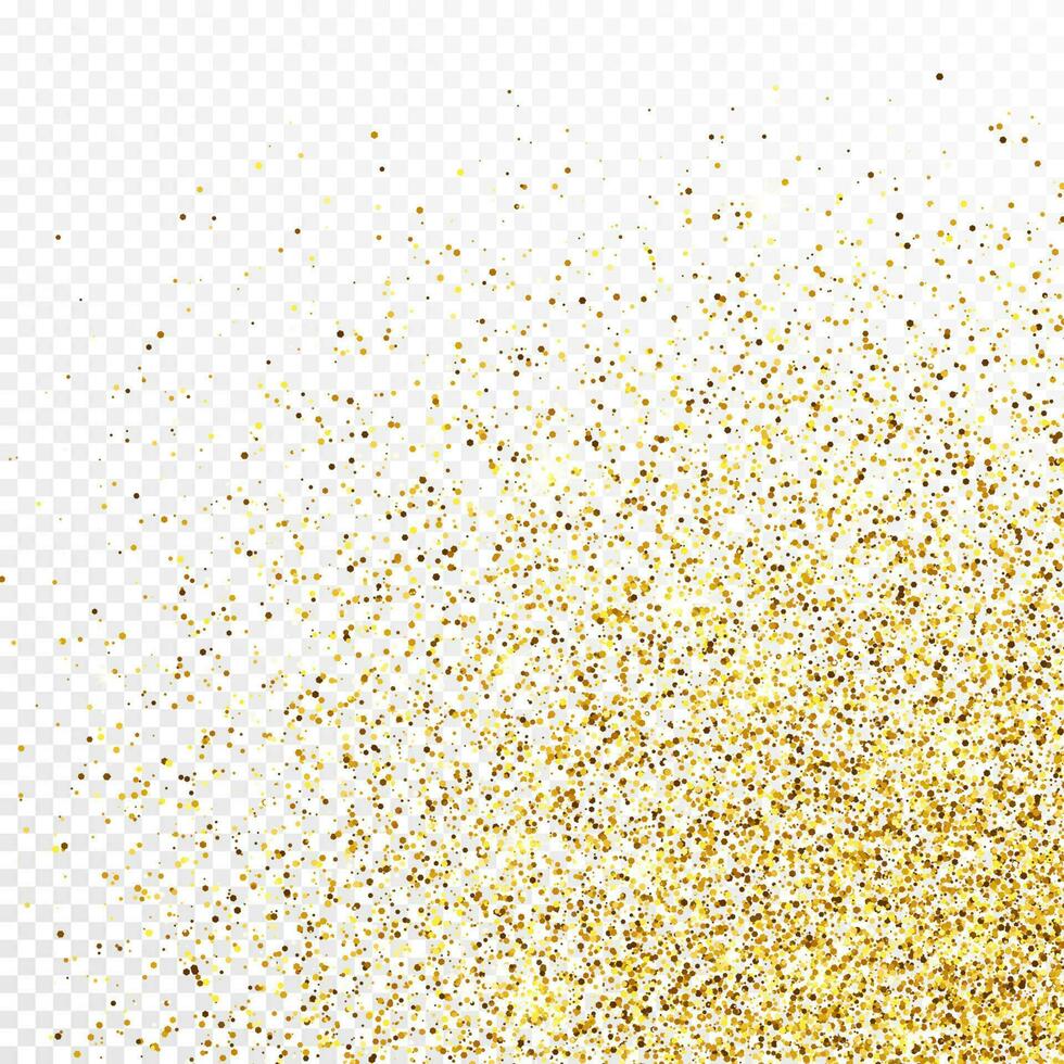 Gold glitter confetti backdrop isolated on white background. Celebratory texture with shining light effect. Vector illustration.