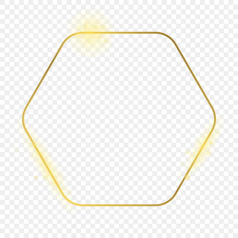Gold glowing rounded hexagon frame isolated on background. Shiny frame with glowing effects. Vector illustration.