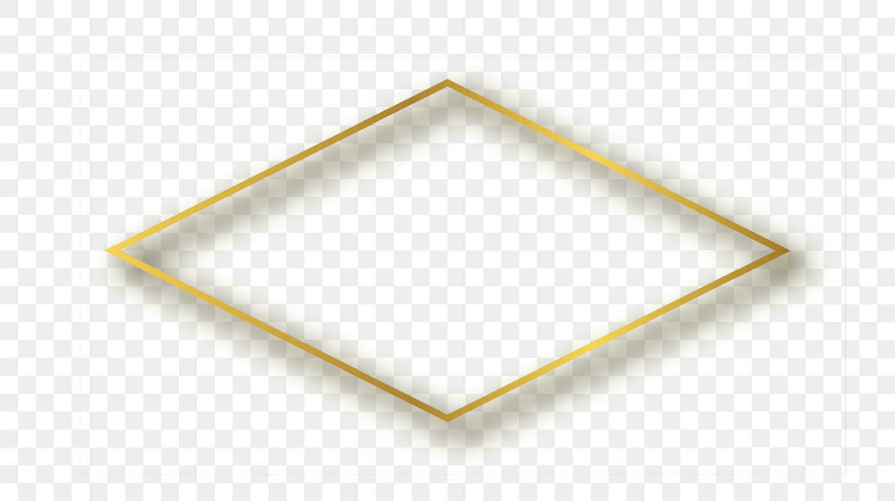 Gold glowing rhombus shape frame with shadow isolated on background. Shiny frame with glowing effects. Vector illustration.