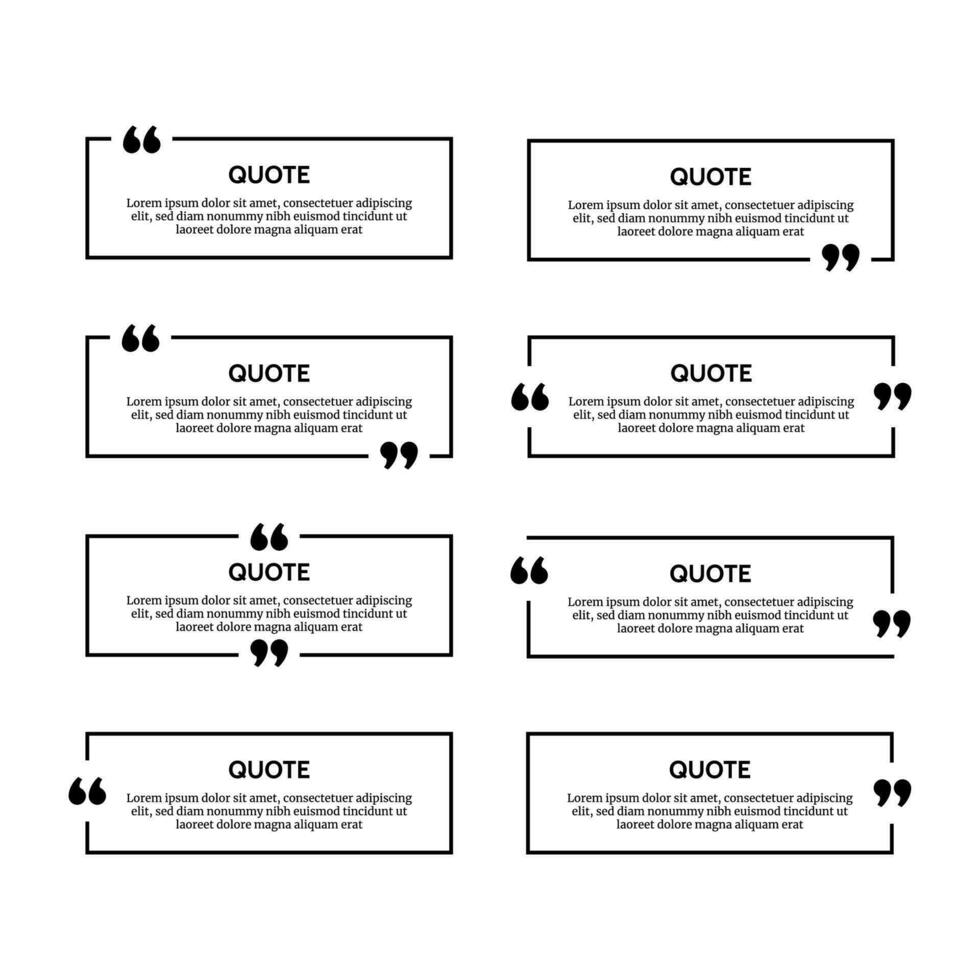 Set of eight black rectangular quote box frames isolated on white background. Vector illustration