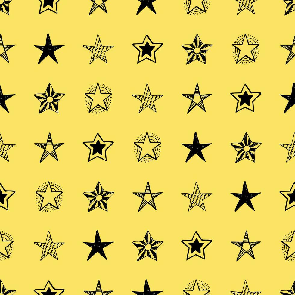 fondo transparente de estrellas de garabatos. estrellas dibujadas a mano negra sobre fondo amarillo. ilustración vectorial vector