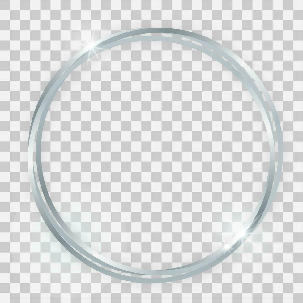 Triple silver shiny circle frame with glowing effects and shadows on background. Vector illustration